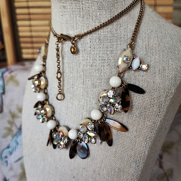 J. Crew Oxidized Brass Tone Art Deco Clear AB Faux Tortoise Statement Necklace - Picture 3 of 11